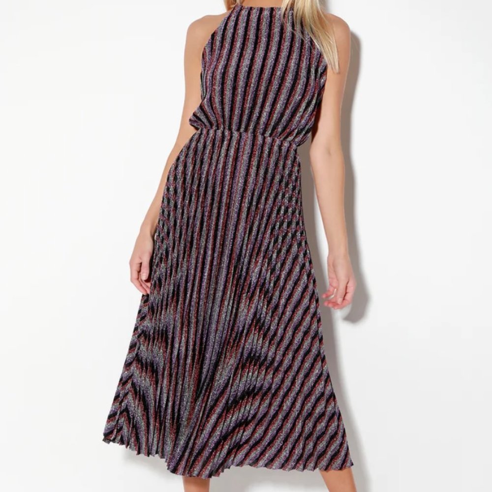 Purple Multi Striped Pleated Halter Midi Dress
